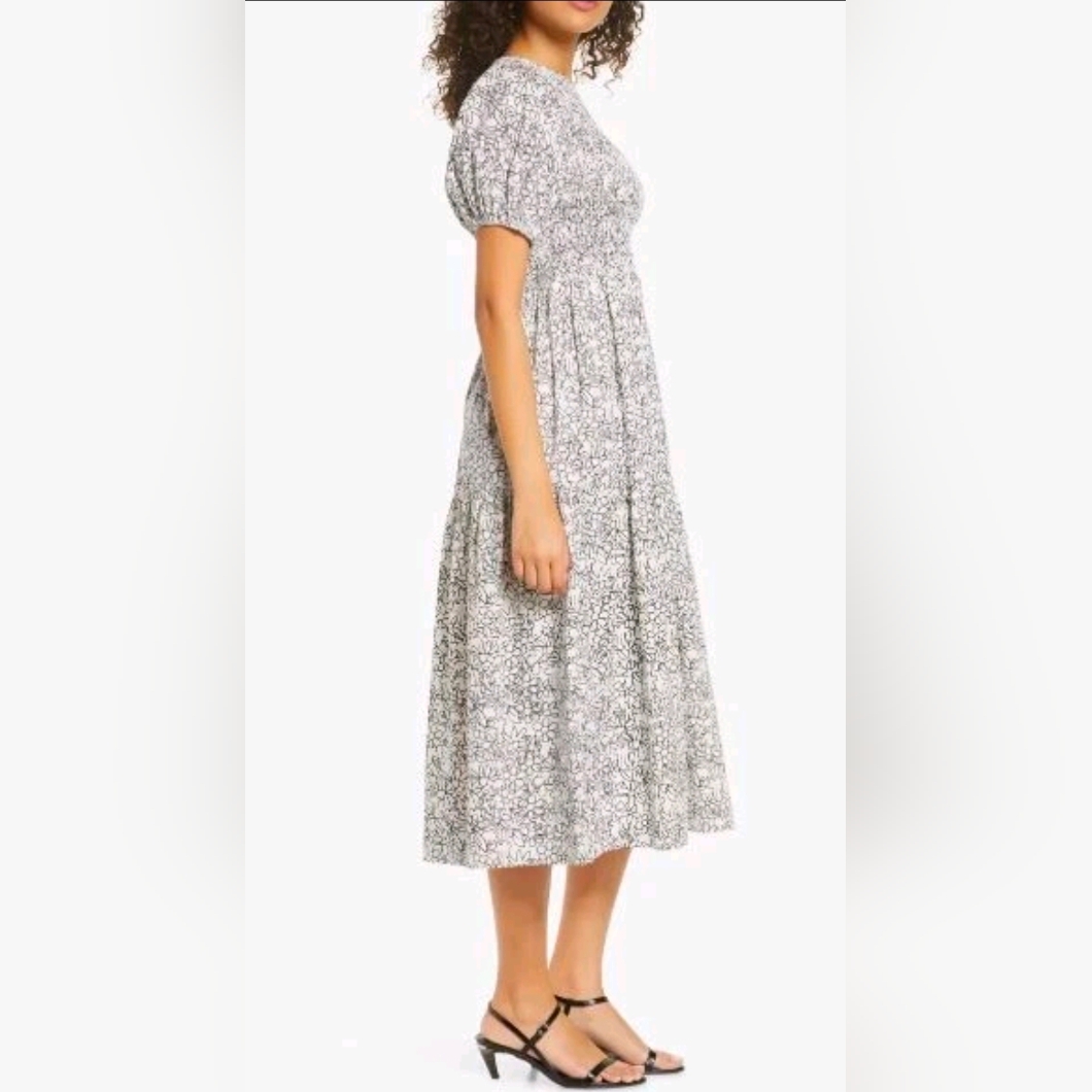 S/W/F Cotton Smocked Midi Dress Black And White Floral Print Xs